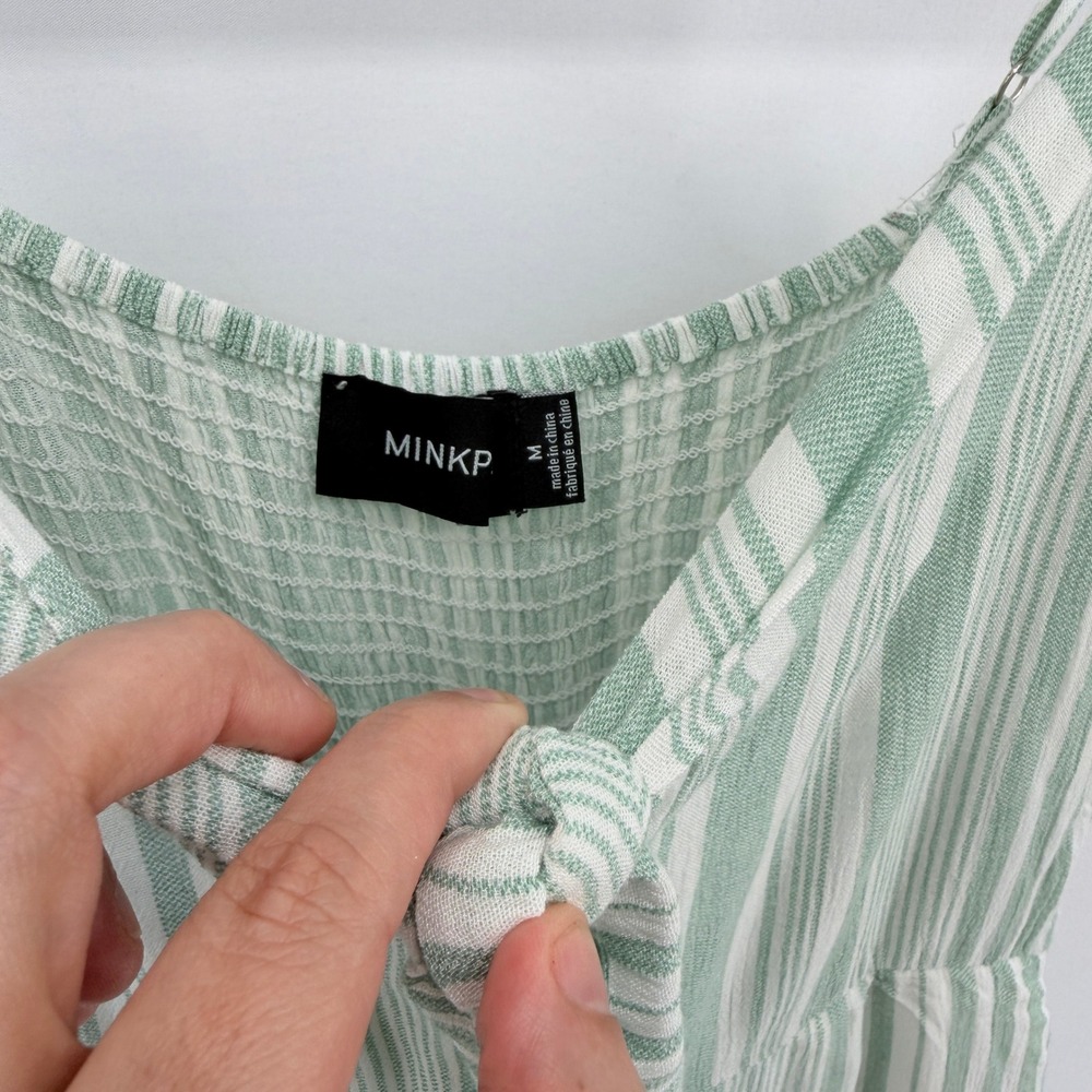 MINKPINK Revolve Sage Green White Striped Tie Front Wide Leg Jumpsuit Medium - Picture 4 of 4